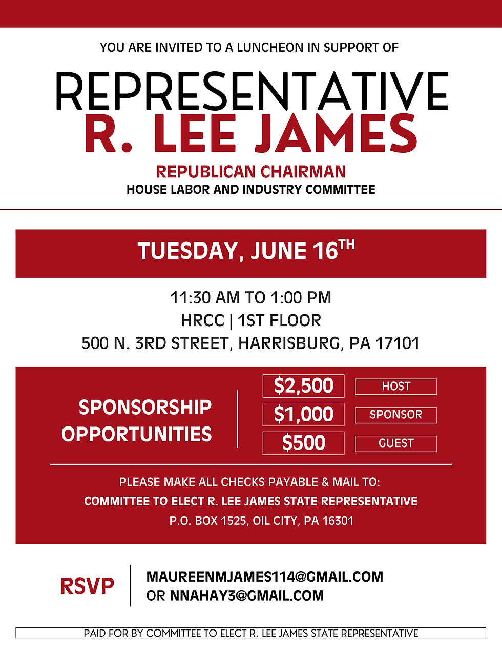You are invited to a luncheon in support of Representative R. Lee James