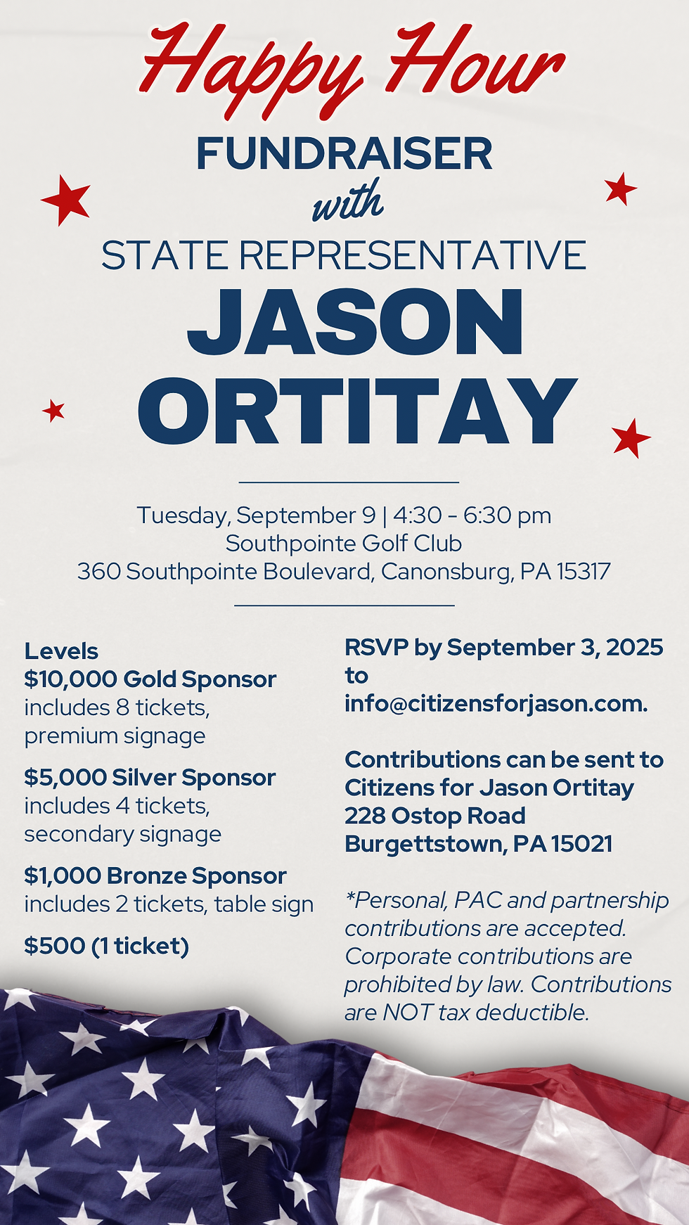 You Are Invited To A Happy Hour Fundraiser In Support Of Representative Jason Ortitay
