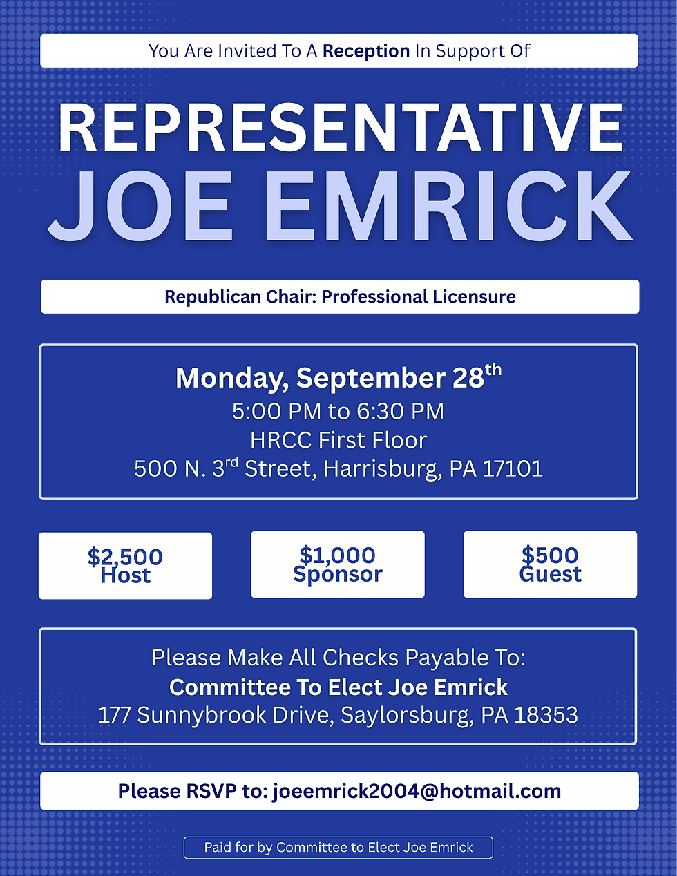 You are invited to a reception in support of Representative Joe Emrick