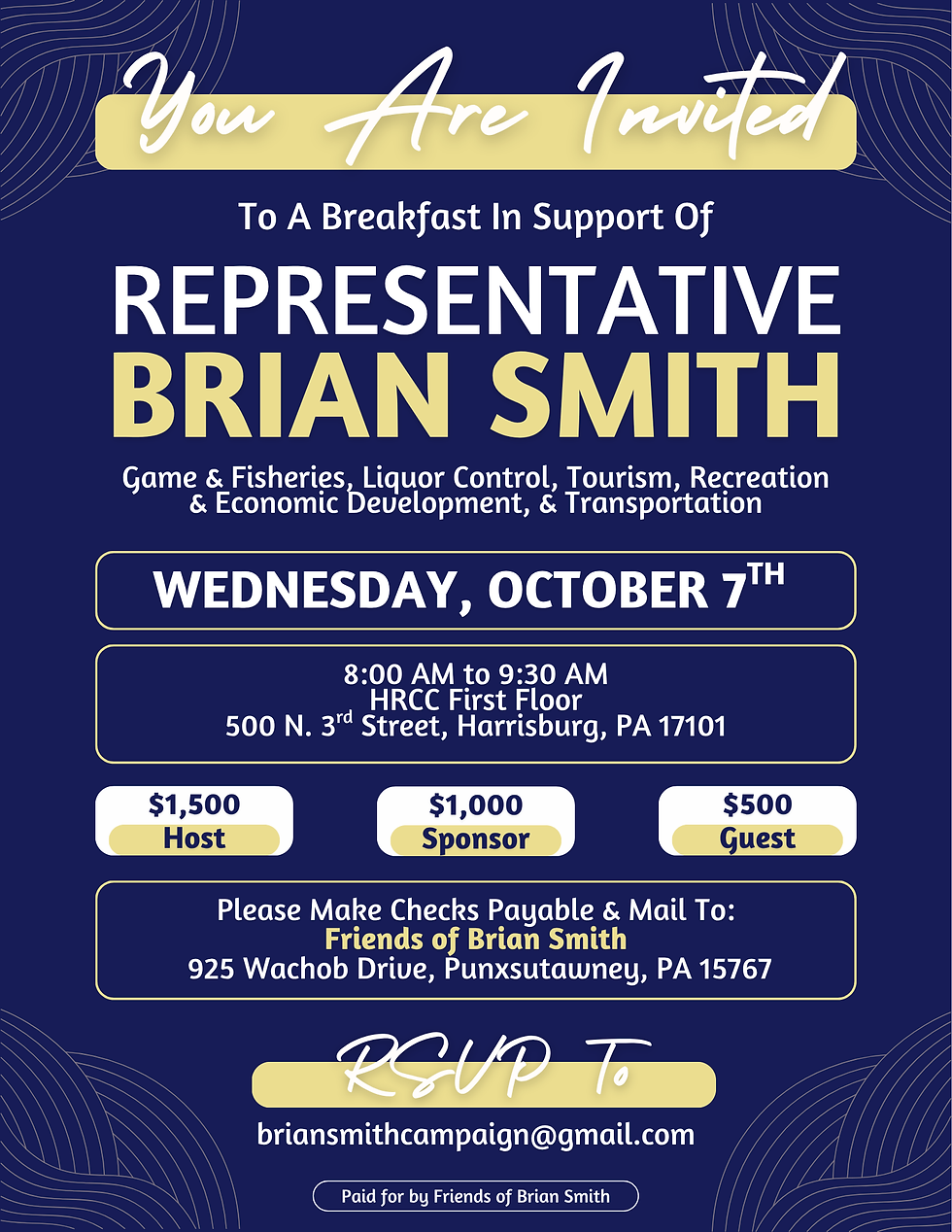 You are invited to a breakfast in support of Representative Brian Smith