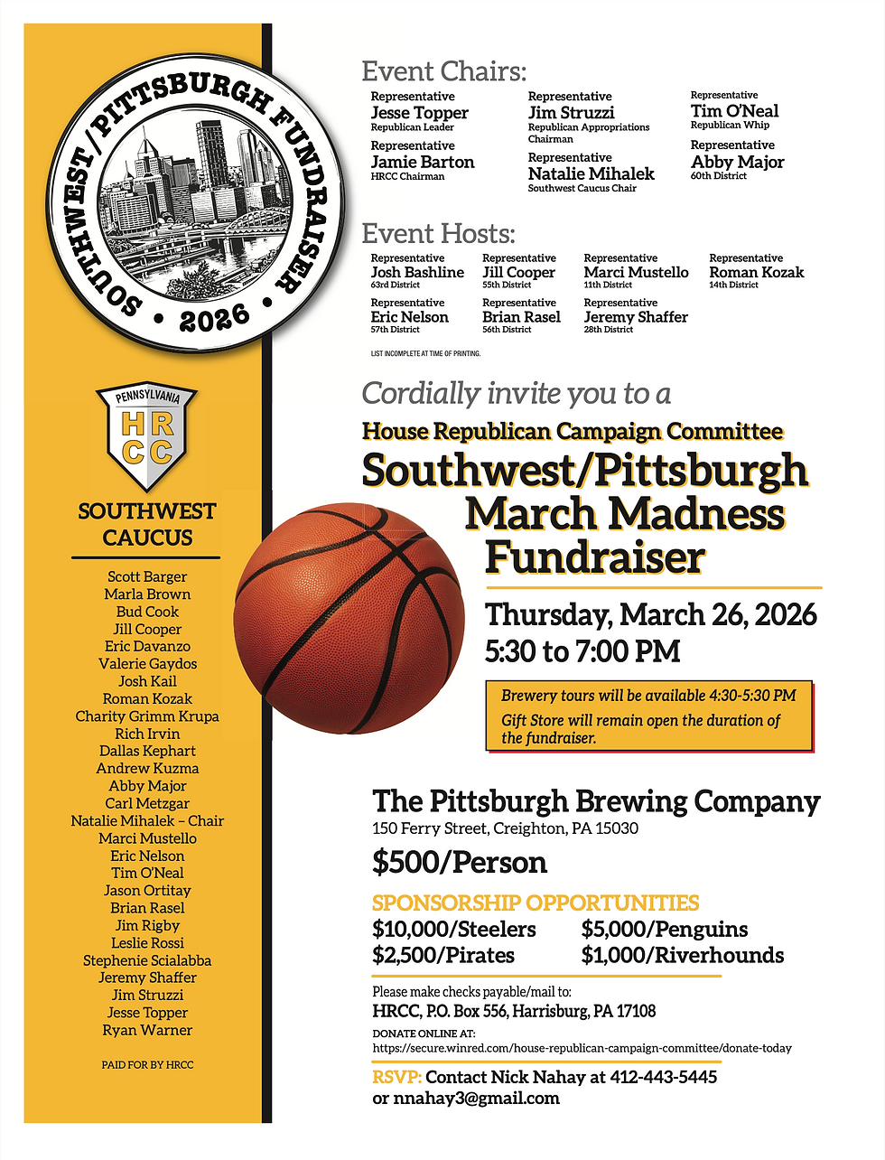 You are invited to a House Republican Campaign Committee Southwest/Pittsburgh March Madness Fundraiser