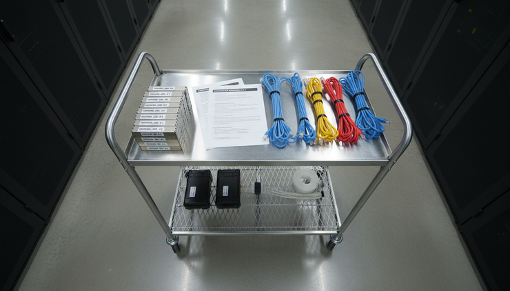 Overhead view of a small hardware cart with labeled removable drives and printed deployment checklists.