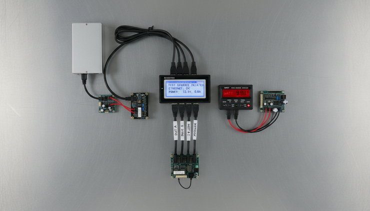 Overhead view of a small hardware test station with a status display and labeled cables.