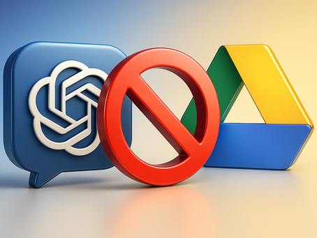 A bold 3D image with the ChatGPT logo on the left, the Google Drive logo on the right, and a large red “No” symbol or stop sign in the center. The design is reflective and modern, with a clean background in blue and gold tones, clearly warning viewers against connecting ChatGPT and Google Drive.