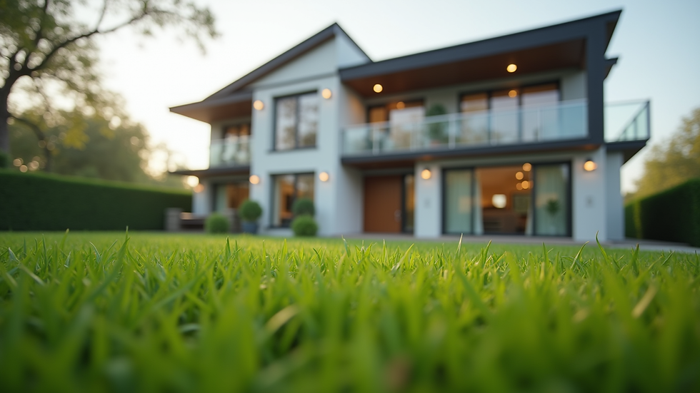 Eye-level view of a modern suburban home with a well-maintained lawn