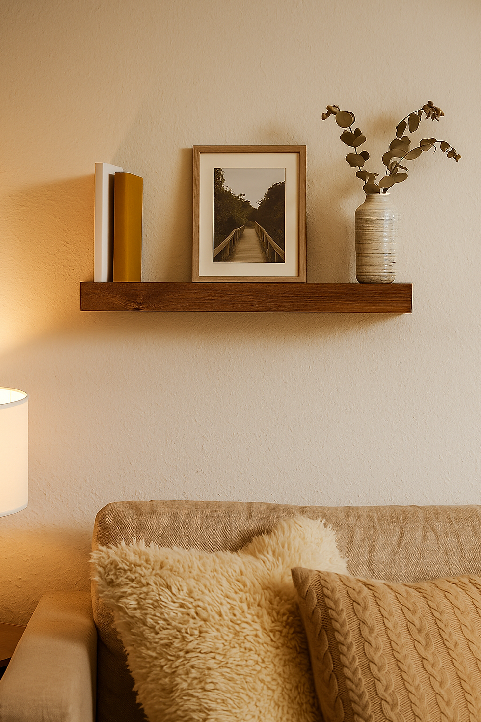 Wandregal schwebend aus Eiche Massivholz im Wohnzimmer mit Dekoelementen