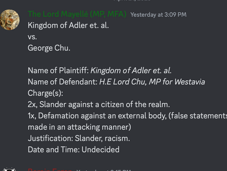 George Chu, MP for Westavia faces slander lawsuit.