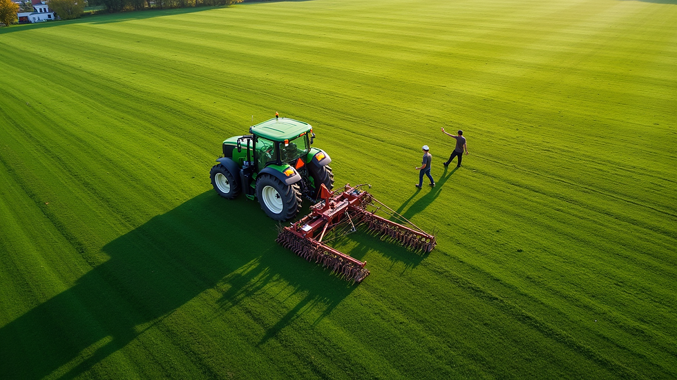 High angle view of a commercial lawn care team performing aeration on a green field