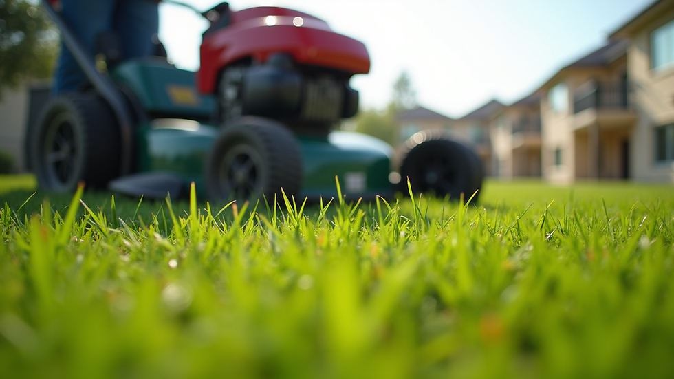 Eye-level view of a commercial lawn mower cutting grass on a business property