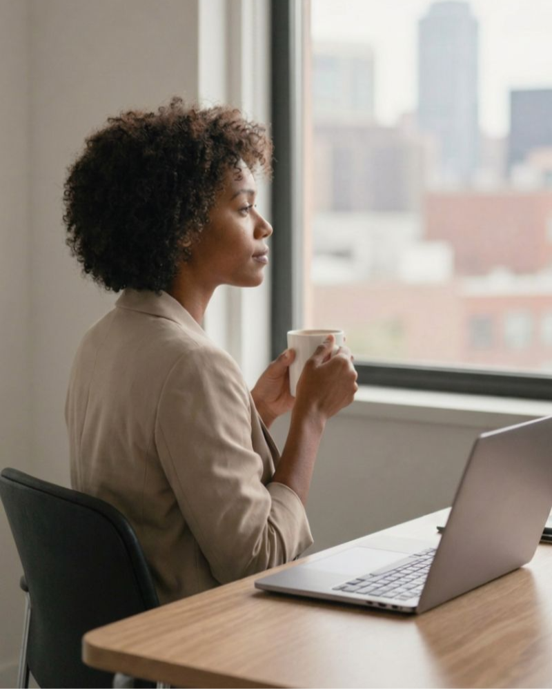 Person pausing at their desk to look out a window during a moment of self-regulation at work