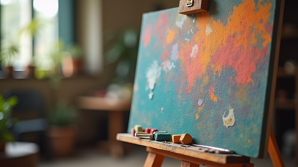 Eye-level view of a painter's easel with a colorful canvas