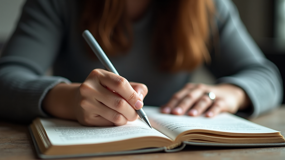 Close-up view of a person writing in a journal