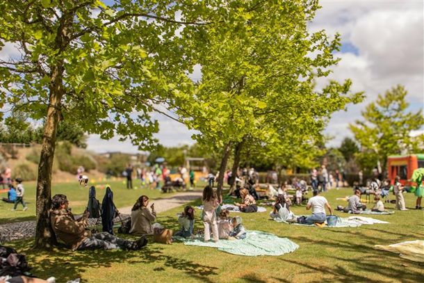 Pessoas fazem piqueniques no parque verde sob árvores. Céu parcialmente nublado, ambiente alegre e relaxado. Crianças brincam ao fundo.