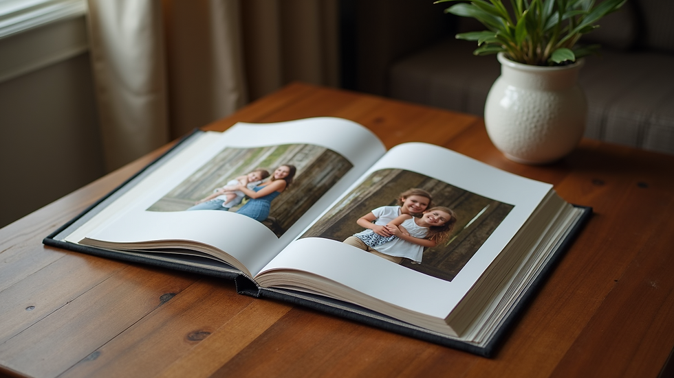 High angle view of a family photo album open on a coffee table