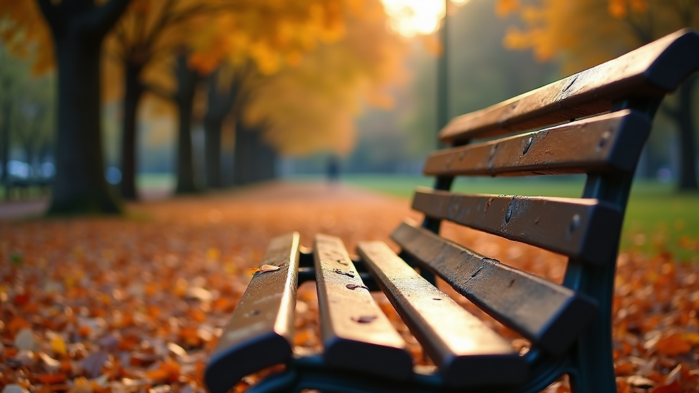 Eye-level view of a quiet park bench surrounded by autumn leaves