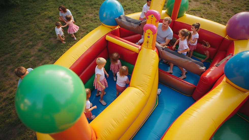 High angle view of colorful bounce houses at a family event