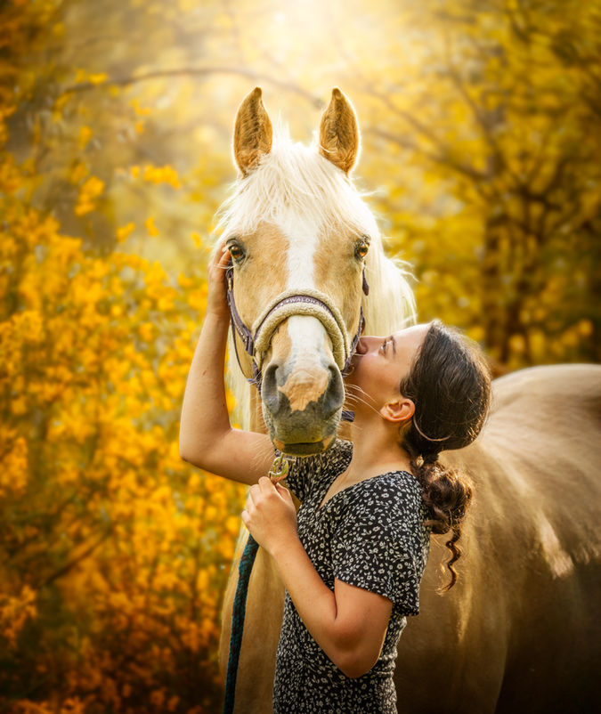 Femme embrassant un cheval palomino, automne doré