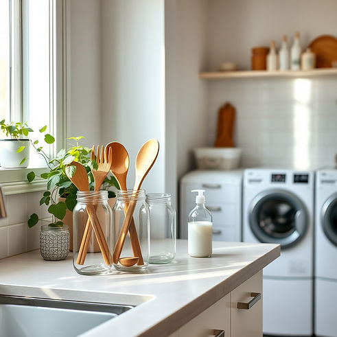 Bright, natural-light photo of a real home scene__kitchen counter with glass jars, wooden 