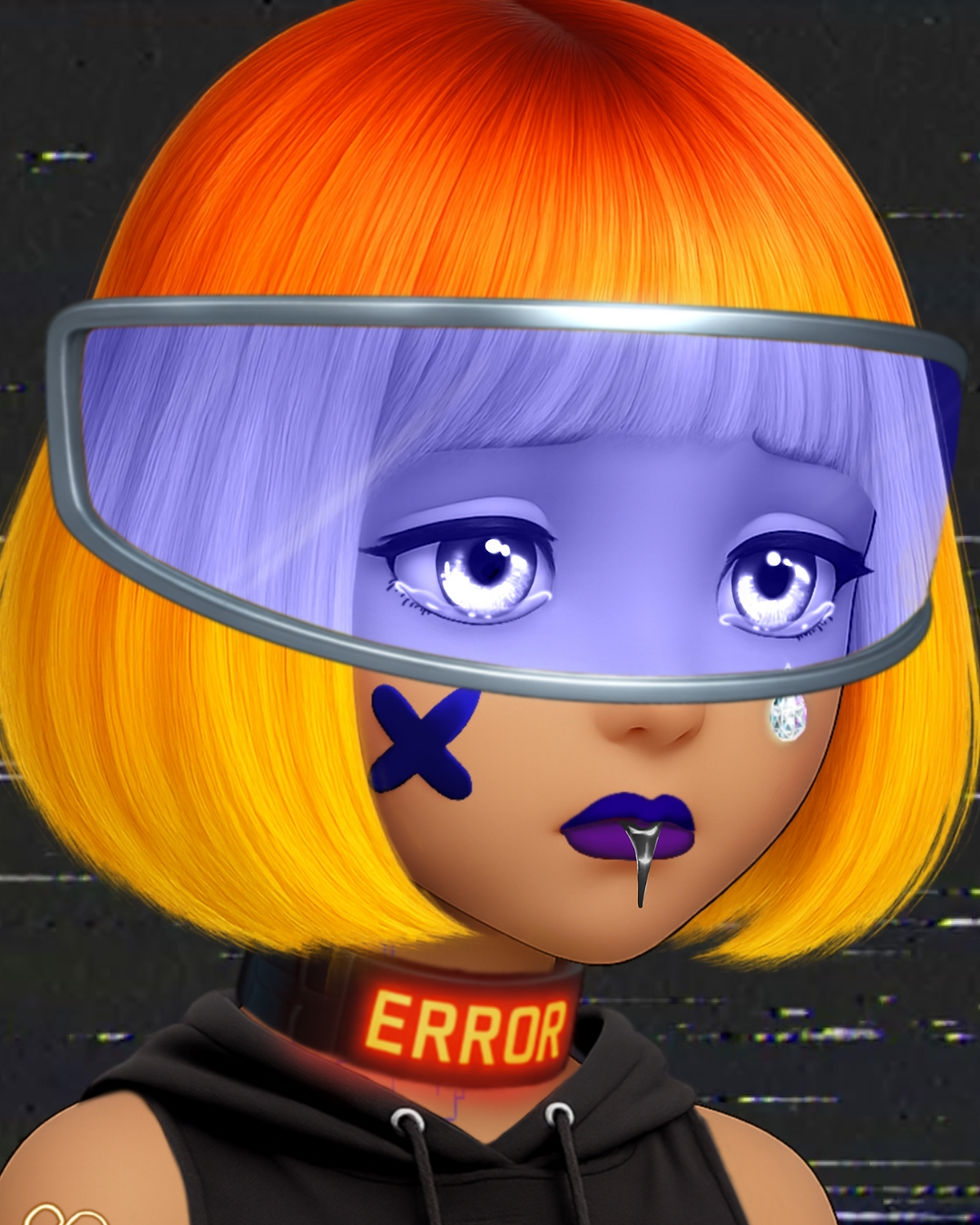 Animated character with orange hair, purple face, silver visor, and sad expression. "ERROR" choker peeks from black hoodie.