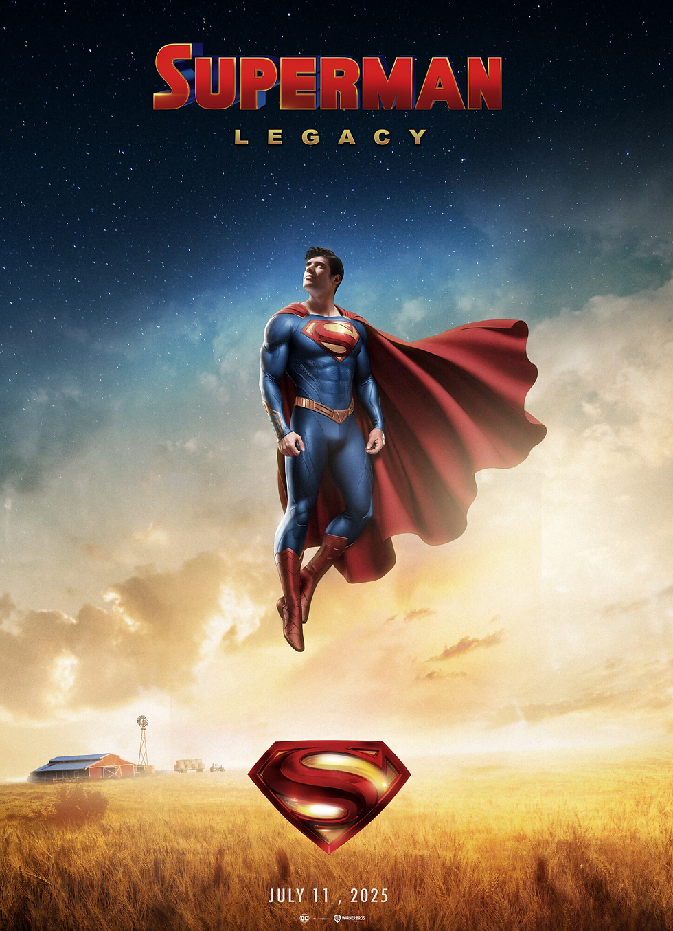 Superman hovering above a golden field, red cape flowing, with a barn and windmill in the background. "Superman Legacy" and date: July 11, 2025.