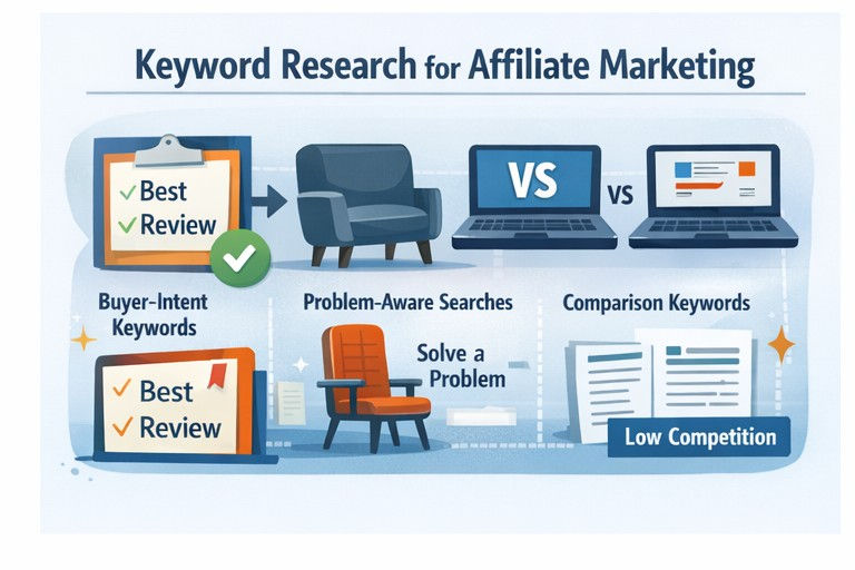 A vibrant graphic explaining the balanced use of keyword research in SEO strategies for affiliate marketing.