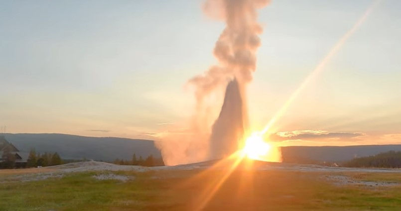 Sunset at Yellowstone's Old Faithful Geyser