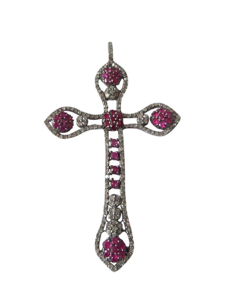 Moissanite & Ruby Black Rhodium Plated Silver Cross Pendant