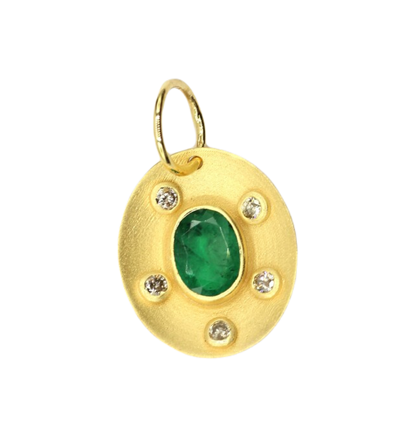 Moissanite & Emerald Gold Plated Silver Oval Pendant