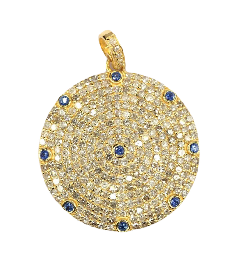 Moissanite & Blue Sapphire Gold Plated Silver Round Pendant