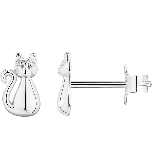 Sterling Silver Cat Stud Earrings for Women