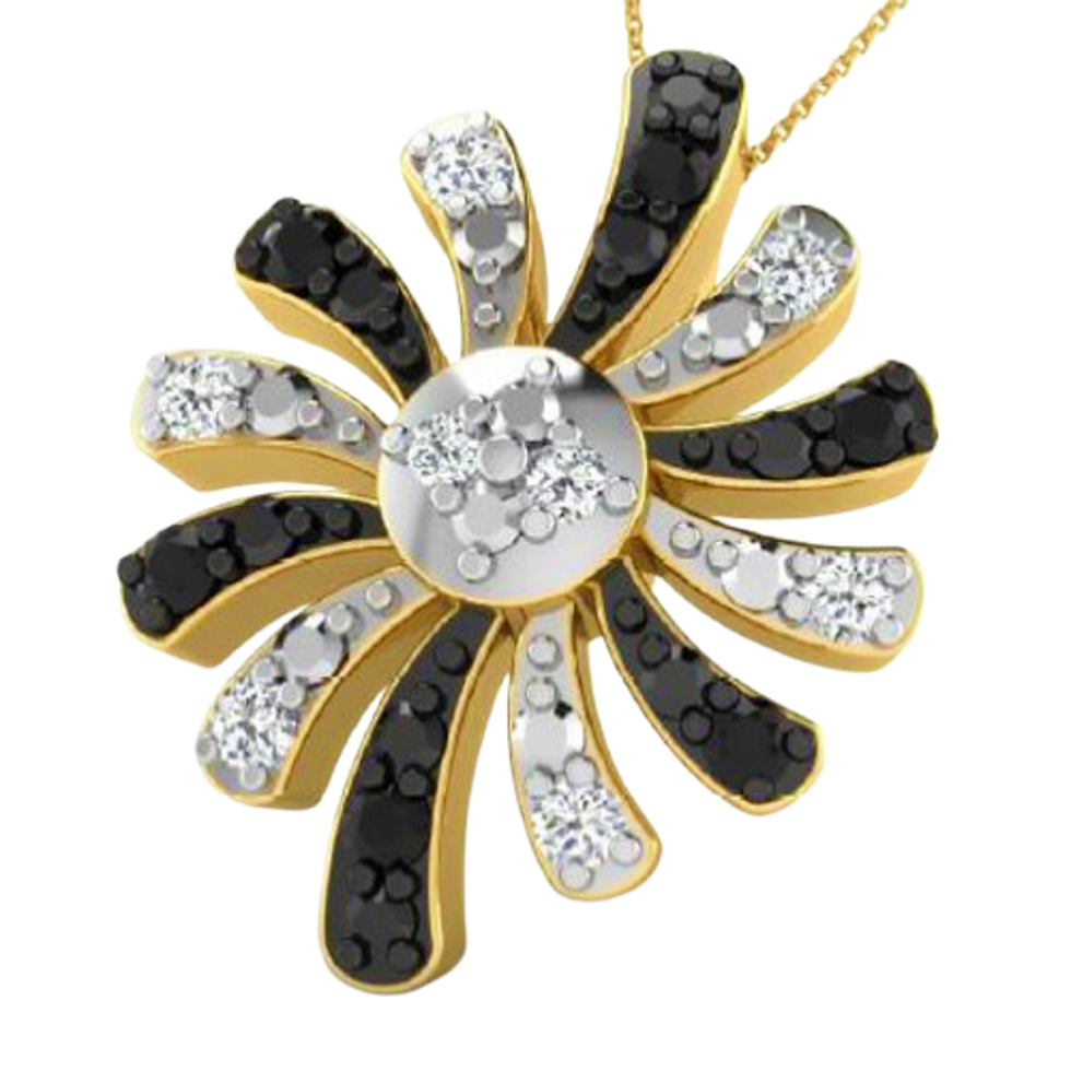 Black Onyx & Moissanite Gold Plated Silver Flowers All The Way Pendant