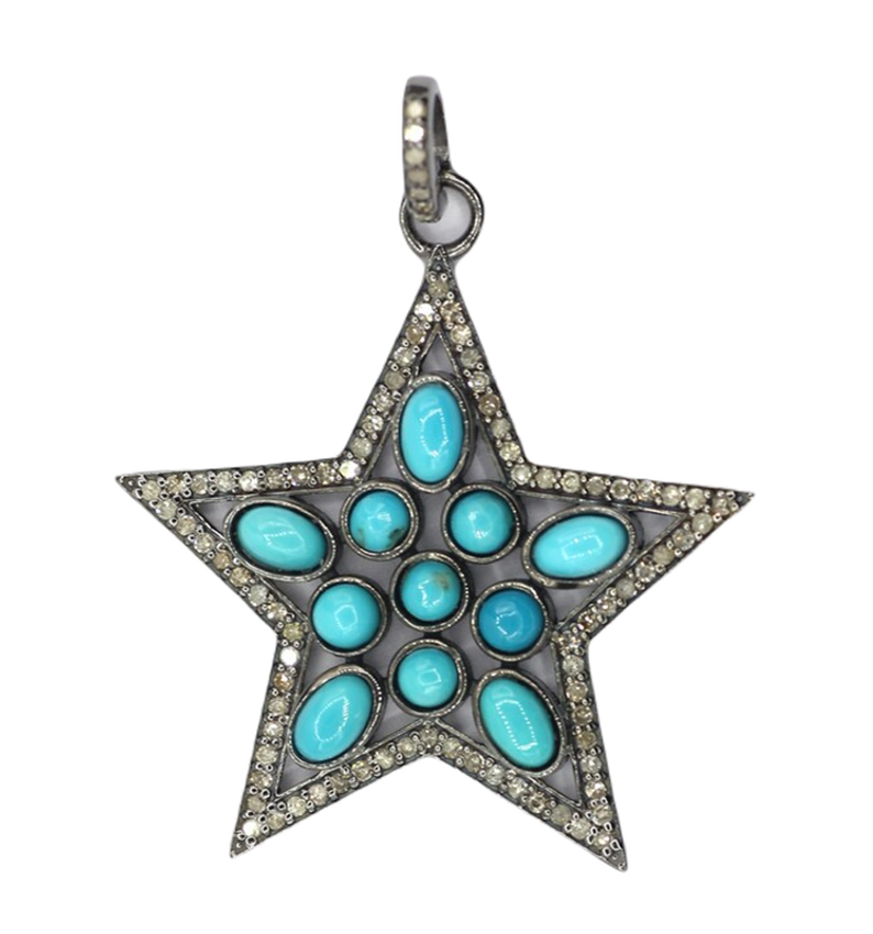 Moissanite & Turquoise Black Rhodium Plated Silver Star Pendant