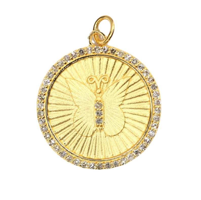 Moissanite Gold Plated Silver Round Disc on Butterfly Pendant