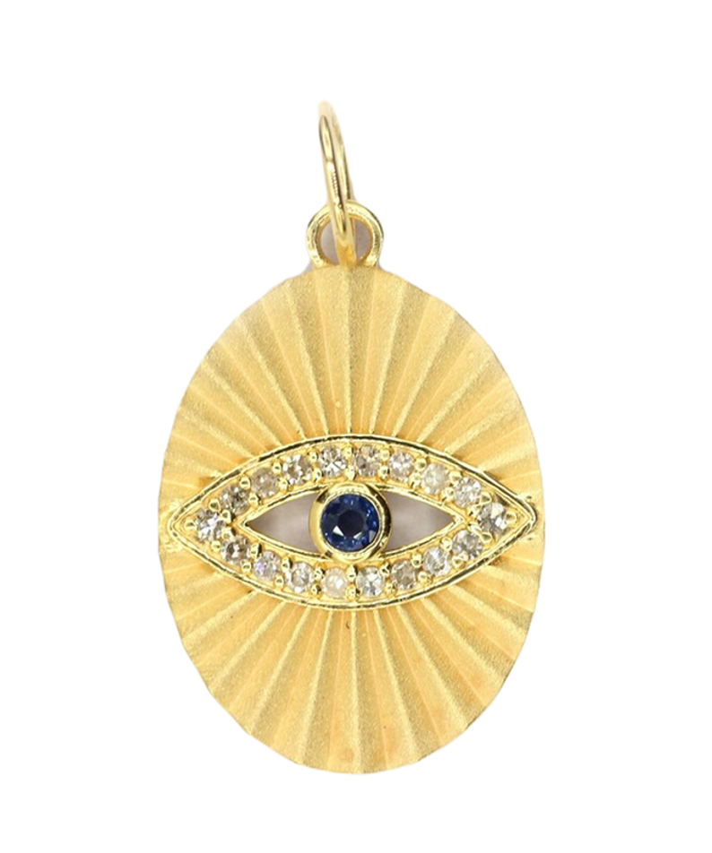 Moissanite & Blue Sapphire Gold Plated Silver Evile Eye in Oval Pendant