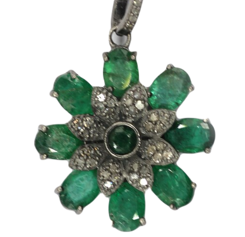 Moissanite & Emerald Black Rhodium Plated Silver Flower Pendant