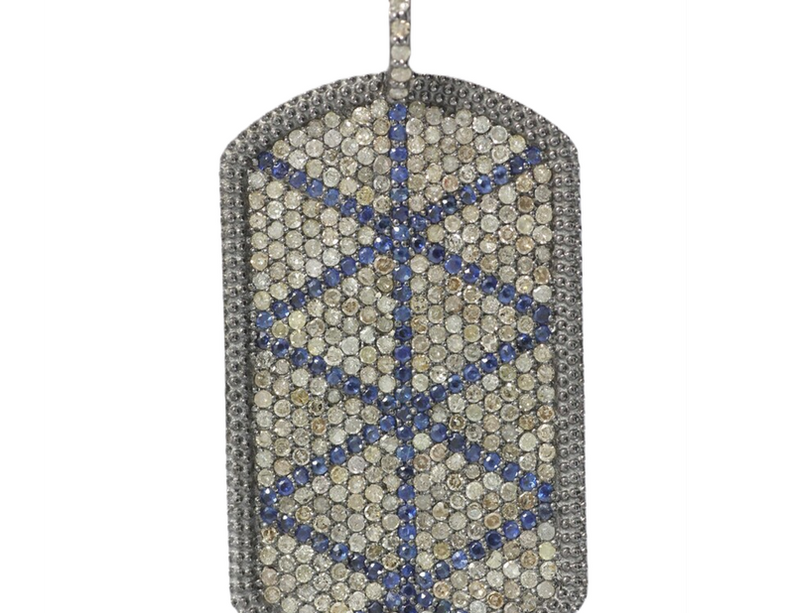 Moissanite & Blue Sapphire Black Rhodium Plated Silver Rectangle Pendant