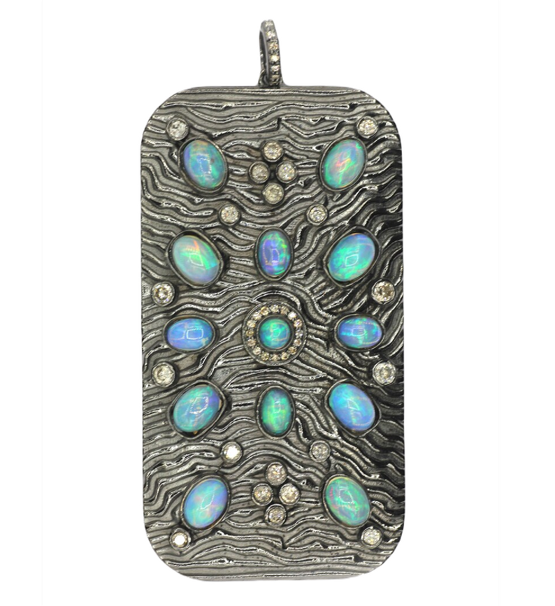 Moissanite & Ethiopian Opal Black Rhodium Plated Silver Rectangle Pendant