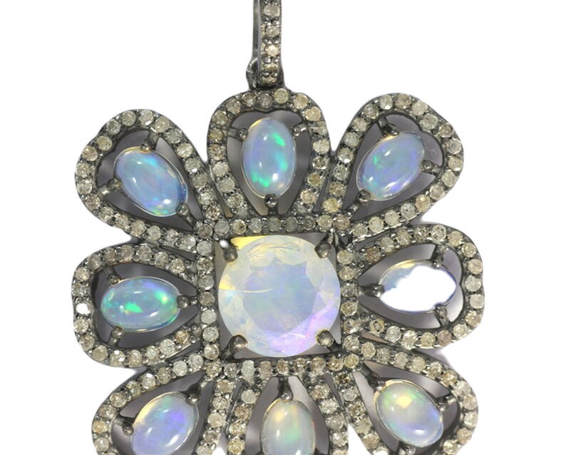 Moissanite & Ethiopian Opal Black Rhodium Plated Silver Square Pendant