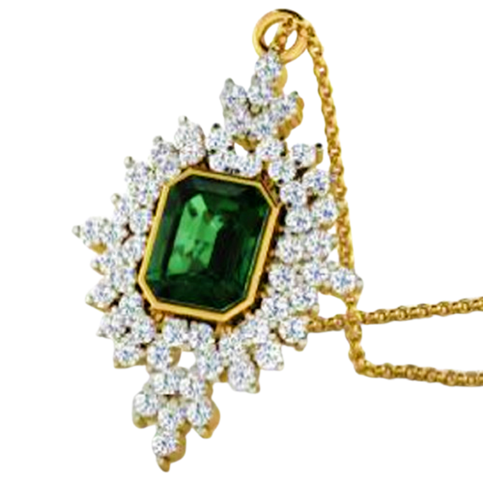 Green Garnet & Moissanite Gold Plated Silver Art Deco Pendant