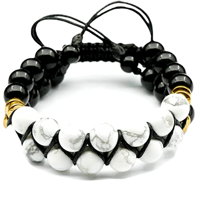 Howlite & Black Spinel 8mm Round Smooth Double Layer Bracelet