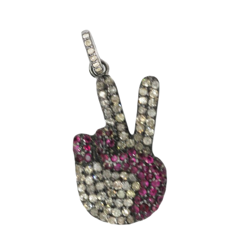 Moissanite Black Rhodium Plated Silver Victory Sign Pendant