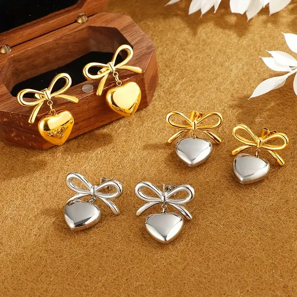 Gold Plated Silver Heart & Bowknot Stud Earrings for Women