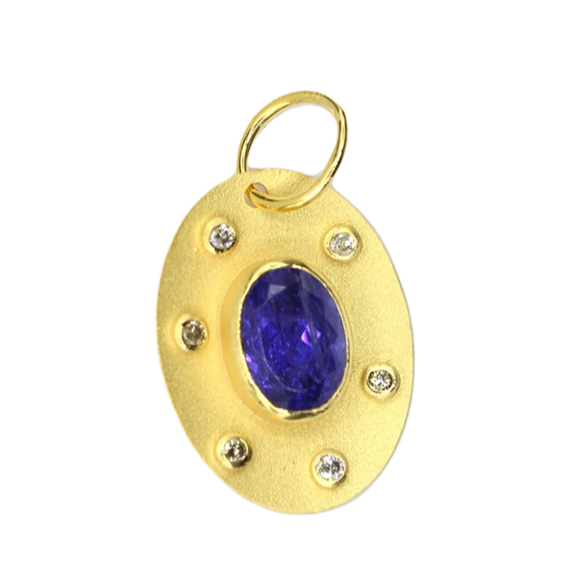 Moissanite & Blue Sapphire Gold Plated Silver Oval Pendant