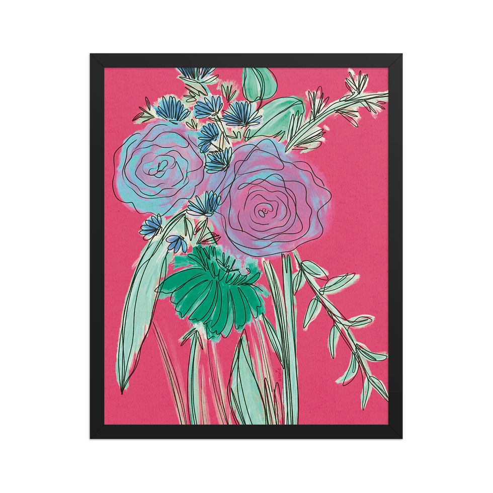 Thumbnail: Vibrant Floral Art Print – Pink Background Botanical Poster (Framed Options)