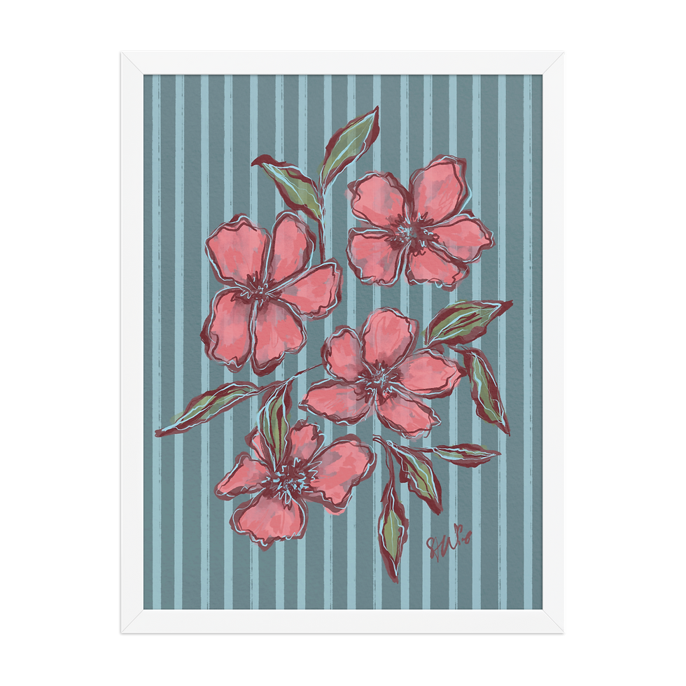 Thumbnail: Coral Bloom Floral Art Print on Soft Blue Stripe Background