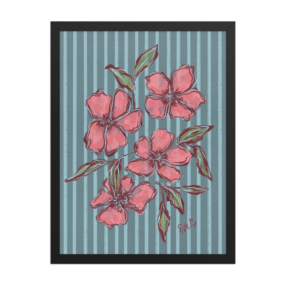 Thumbnail: Coral Bloom Floral Art Print on Soft Blue Stripe Background