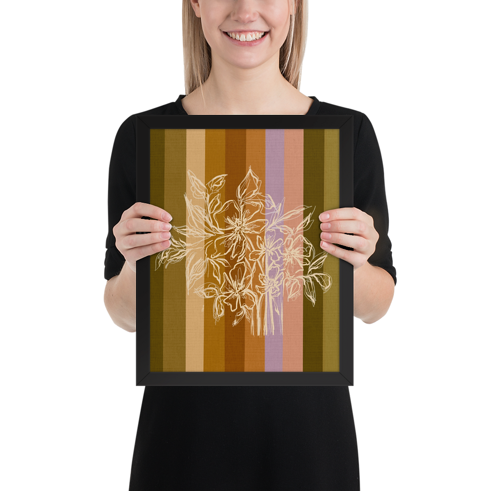 Thumbnail: Minimal Floral Line Art Framed Print with Warm Striped Background