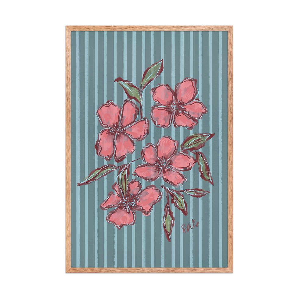 Thumbnail: Coral Bloom Floral Art Print on Soft Blue Stripe Background