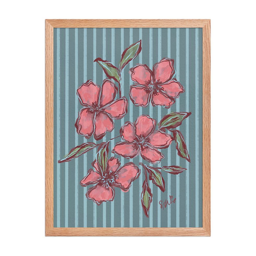 Thumbnail: Coral Bloom Floral Art Print on Soft Blue Stripe Background
