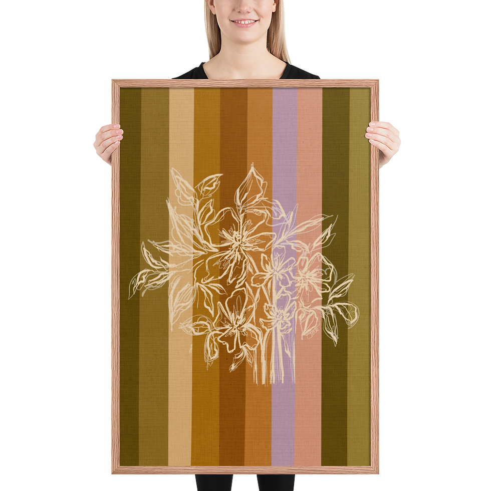 Thumbnail: Minimal Floral Line Art Framed Print with Warm Striped Background